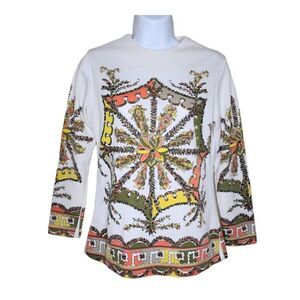 Vintage 70s Tunic Top Shirt Womens Size S White Orange Psychedelic Hippie Groovy
